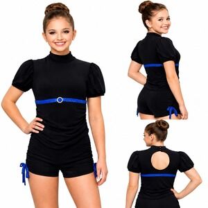 Weissman Girls Large Dance Costume Black Blue Biketard Jazz Acro Mock Neck
